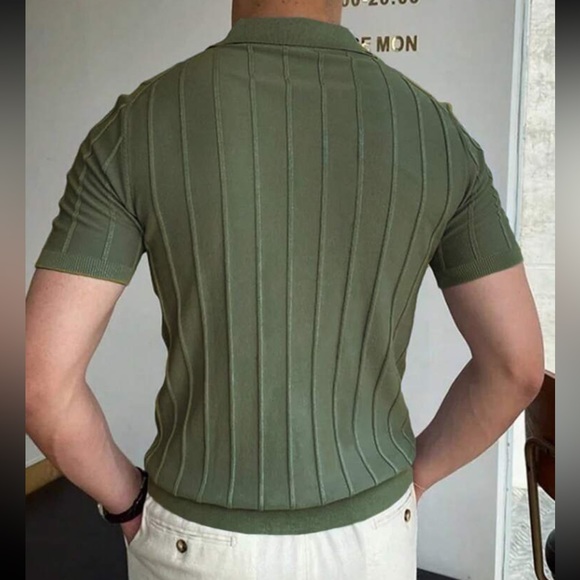 Men’s button v neck collared polo short sleeve rib knit shirt - Picture 2 of 2